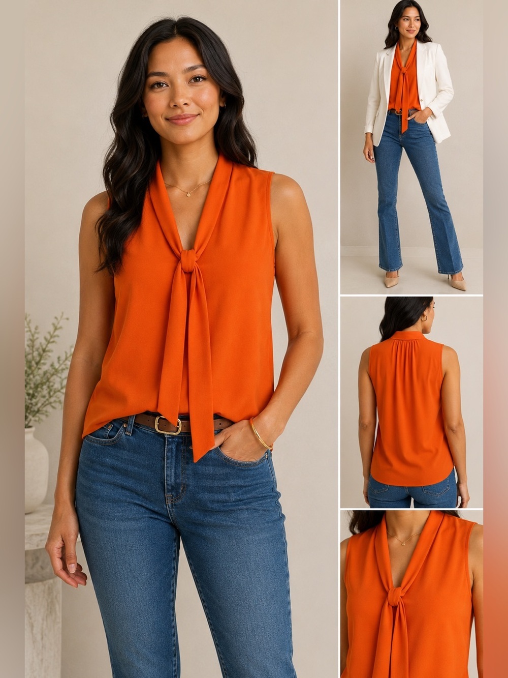 BAR III NWT Tangerine Tie Neck Sleeveless Blouse XXS